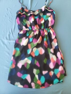 Roxy Black Multicolor Brushstroke Ruffle-Trim Sundress